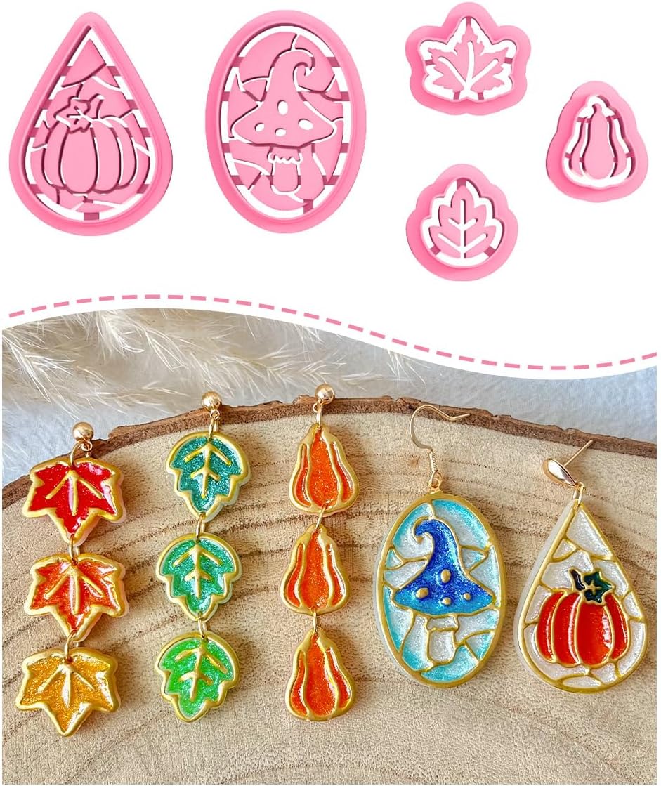 Keoker Fall Polymer Clay Cutters, 5 Shapes Enamel Style Fall Clay Earring Cutters, Pumpkin Polymer Clay Cutter Fall