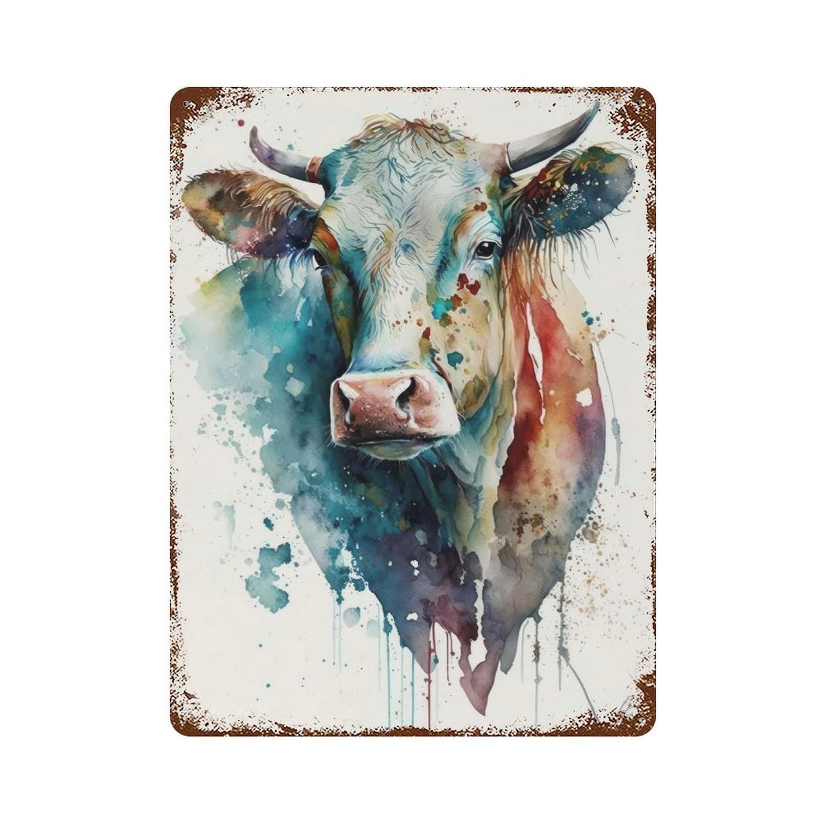 Distressed Metal Wall Sign Gentle Cow in Watercolor 15.7"x11.8", Vintage Wall Decor for Cafe, Home Bar And Lounge Decor