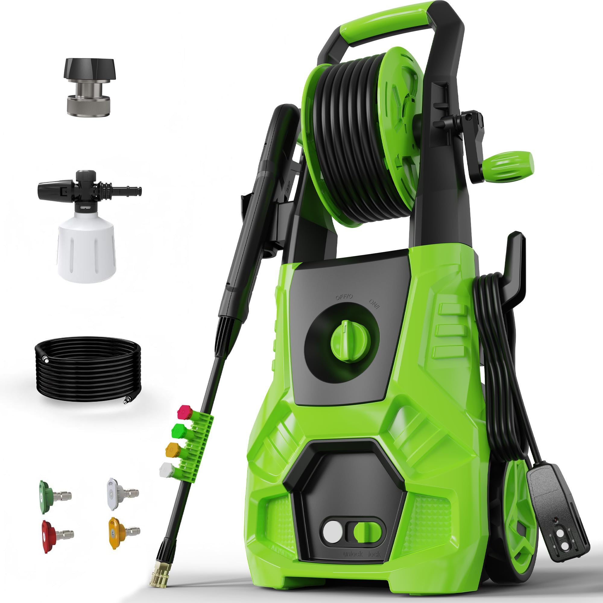 Photo 1 of DECOKTOOL 5000PSI PowerWasher with 4 Quick Connect Nozzles, Foam Cannon for Car, Lane, Patio Cleaning, Hydro Jet Pressure Hose Water Wand for Gutter Patio Car Garden Window, Green
