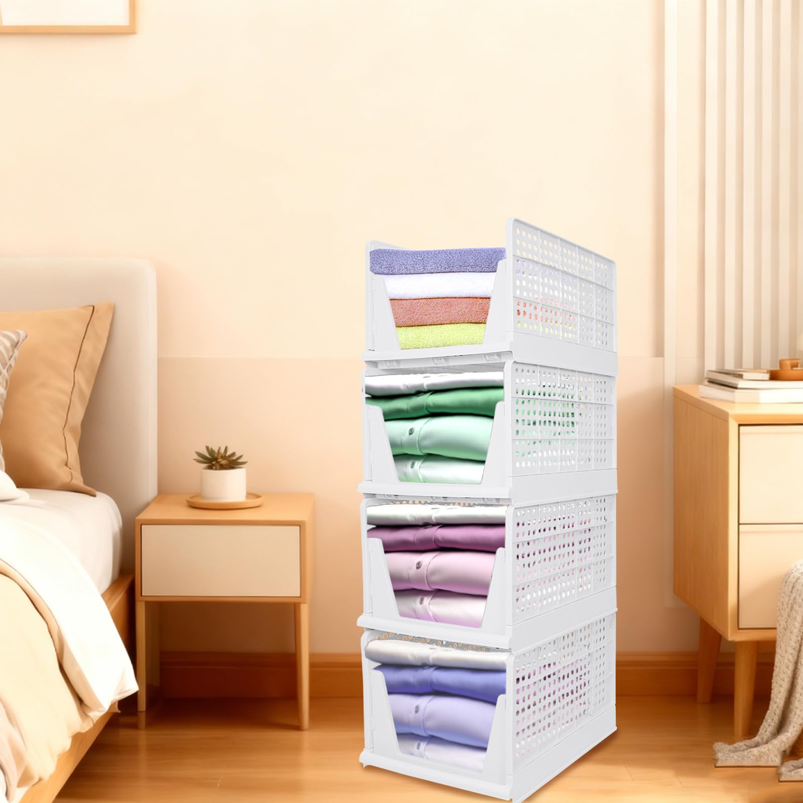 Rangement Vetement,Design perforé avec compartiments coulissants, Organisateur Armoire empilables Boite Rangement pour chambre/cuisine/salle de bain,33,5 x 43 x 96 cm,4 niveaux (25 cm) Blanc