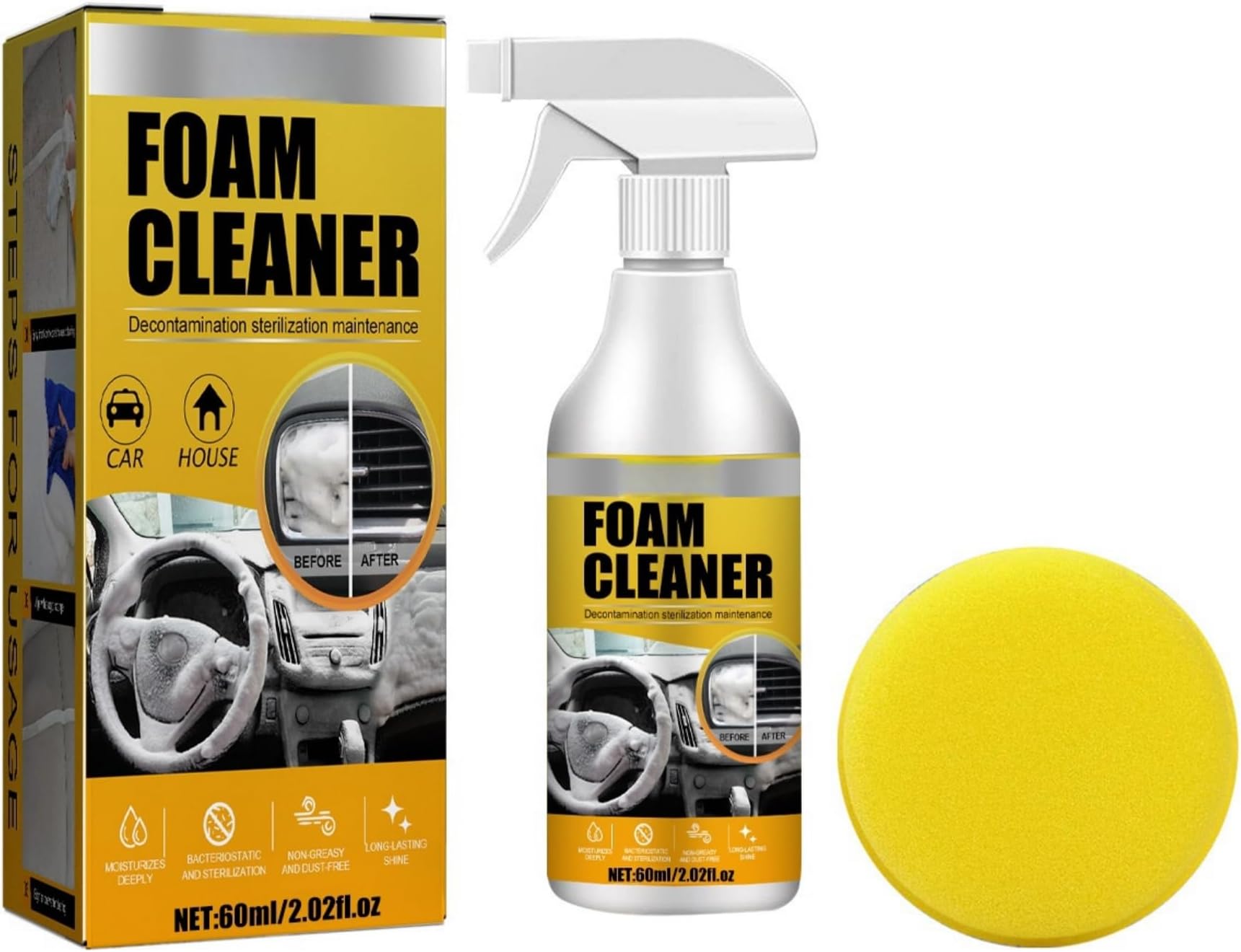 Automotive Interior Foam Cleaner 60ml Waterless Cleaning Solution, Deep Cleaning Power, for Fabric Seats, Leather Upholstery, Vinyl, and Plastic, Refreshes Upholstery, Removes Tough Stains