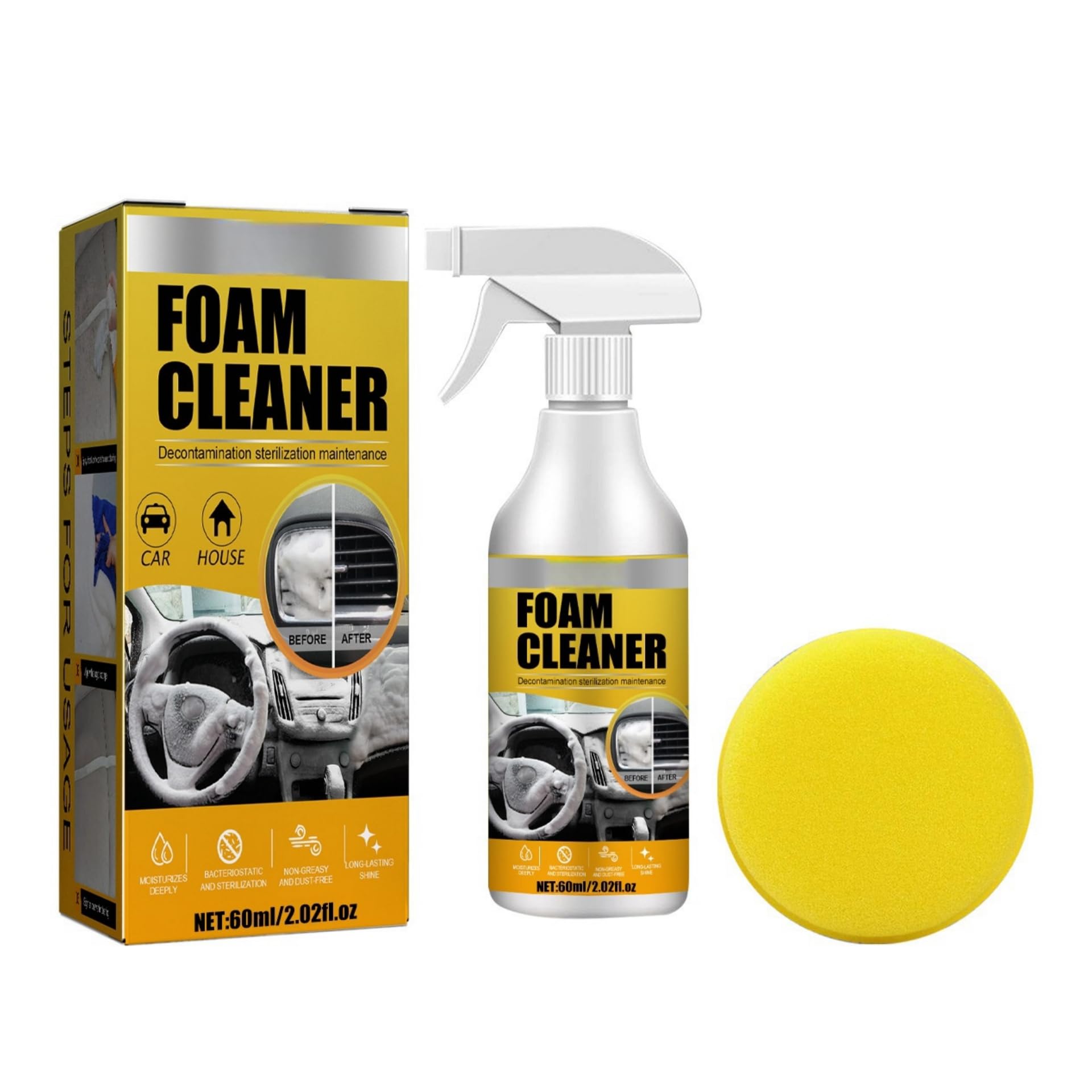 HONPOLO Automotive Interior Foam Cleaner 60ml Waterless Cleaning Solution, Deep Cleaning Power, for Fabric Seats, Leather Upholstery, Vinyl, and Plastic, Refreshes Upholstery, Removes Tough Stains