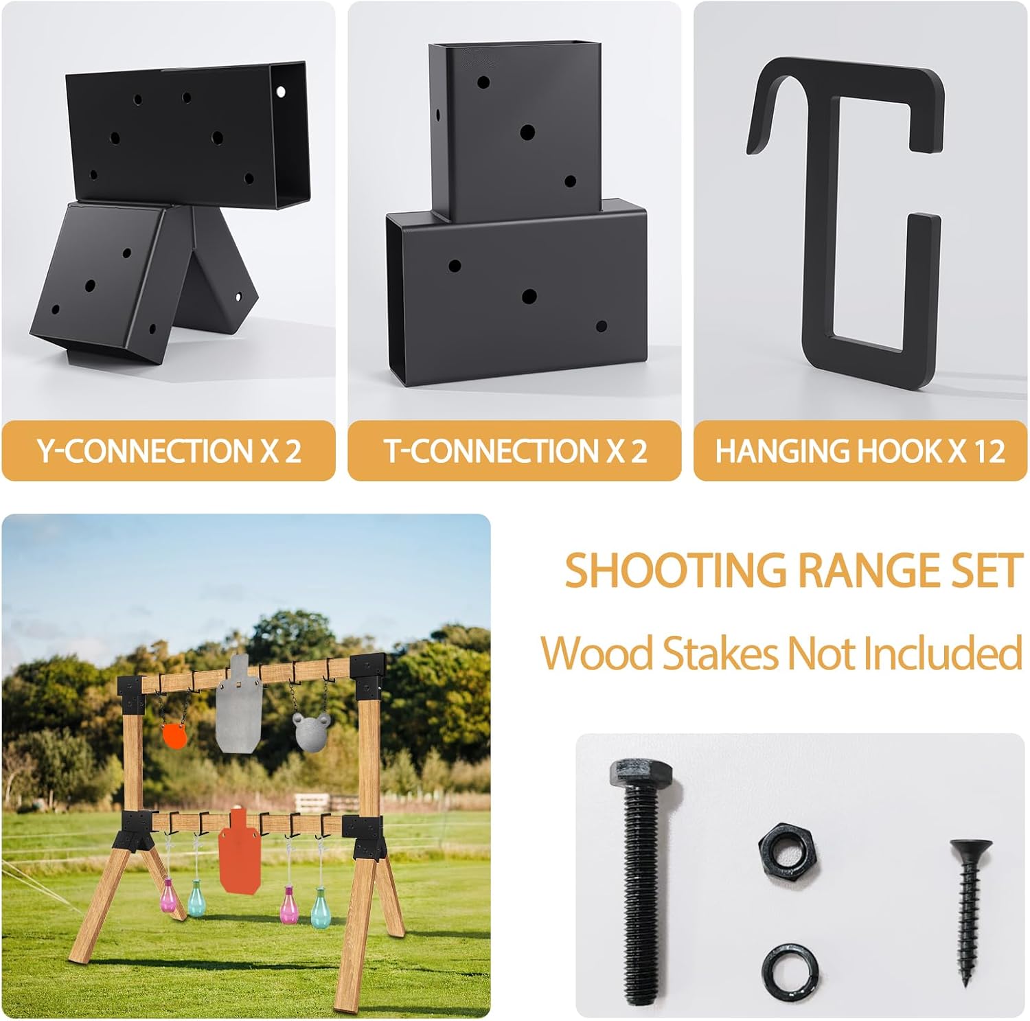 2x4 Target Stand Brackets Set, Heavy Duty Y & T Connectors with 12 Hanger Hooks, 0.2”Thick Steel Frame (1.6" x 3.6" I.D) for AR500 Steel Targets, Outdoor Shooting Range & Archery Training