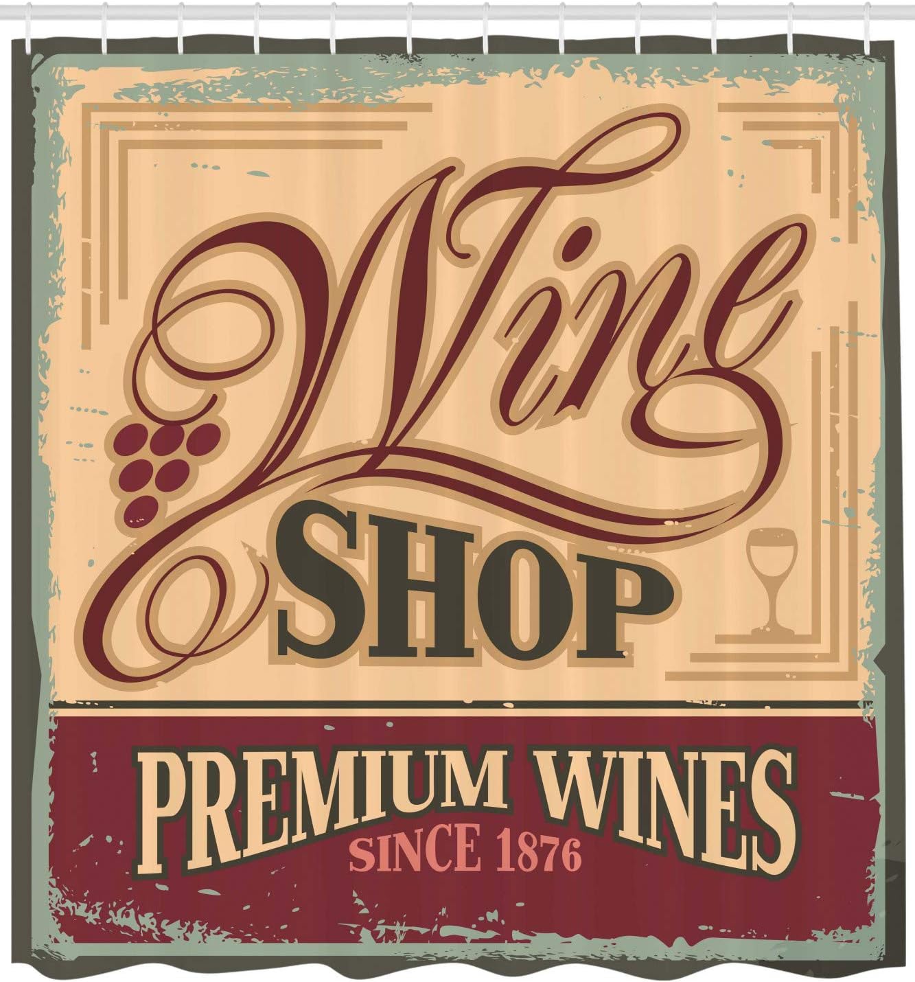 Ambesonne Vintage Shower Curtain, Vintage Rusty Pop Art Style Sign for Wine Shop Past Time Adds Bohemian Art Print, Cloth Fabric Bathroom Decor Set with Hooks, 69" W x 84" L, Orange Red