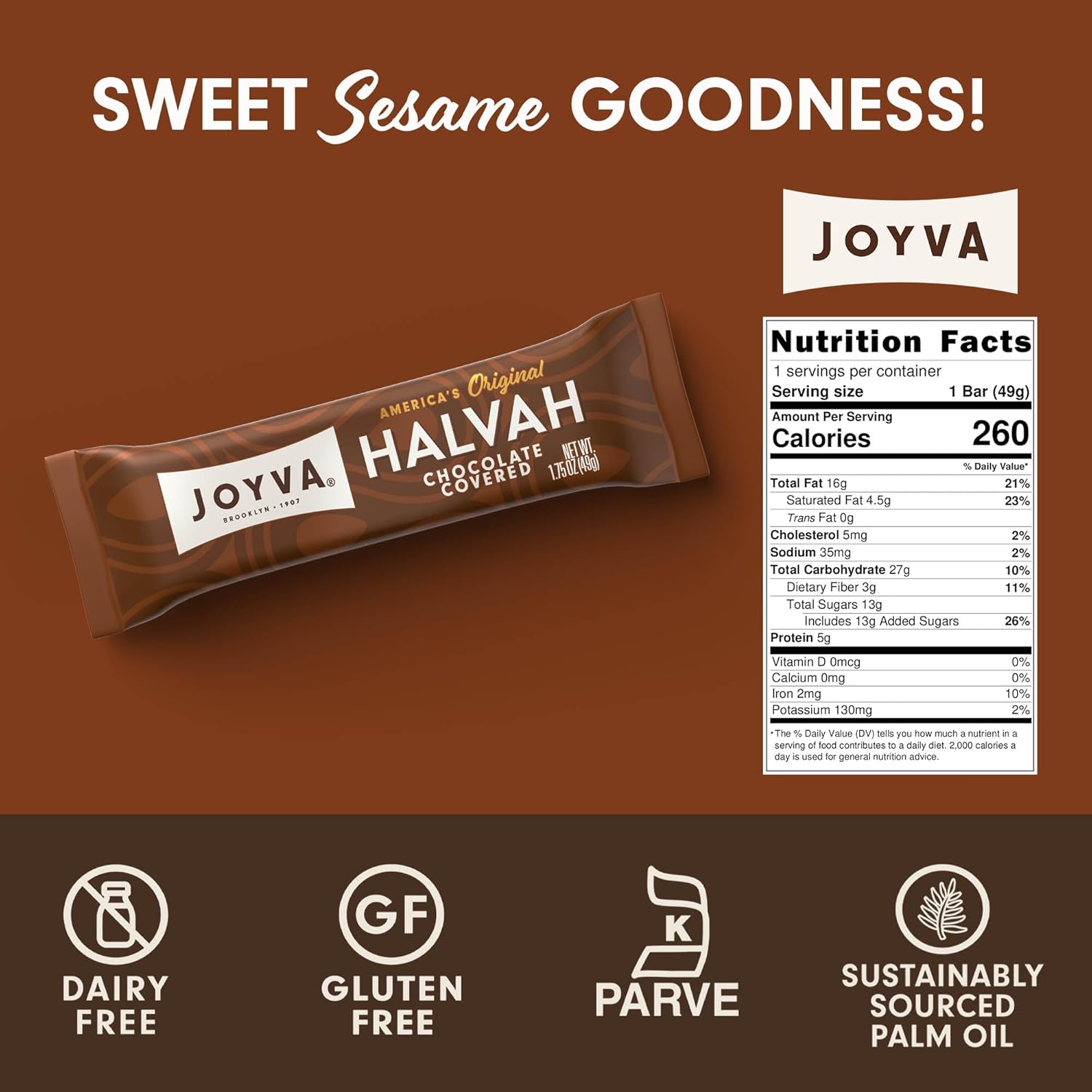 Joyva Halvah – Chocolate Covered, 1.75oz Pack of 36 | A Delicious Sesame Treat | Dairy Free, Gluten-Free & Kosher Parve | Handcrafted in Brooklyn