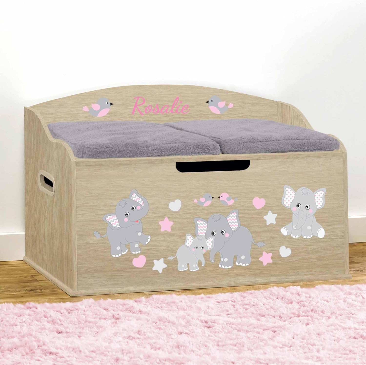 DIBSIES Personalized Creative Wonders Toy Box, Pink Elephants, 30 x 19.25 x 18 inches, Soft-Close Lid (Natural)