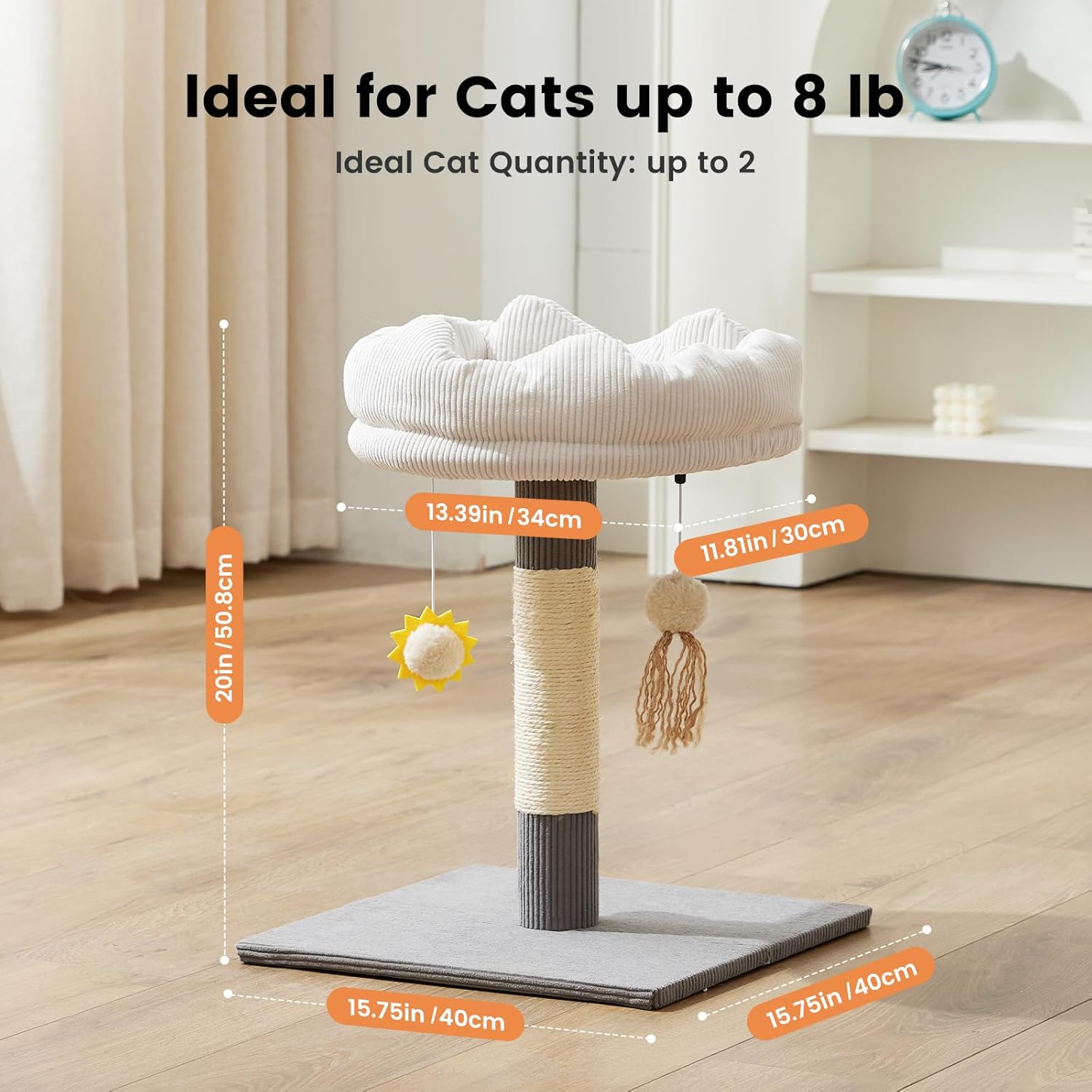 Gardner Pet 20" Cat Tree, Solid Wood Small Cat Tree with Cat Scratching-Posts & Hanging Toys for Kittens(Grey, Circle-Corduroy)