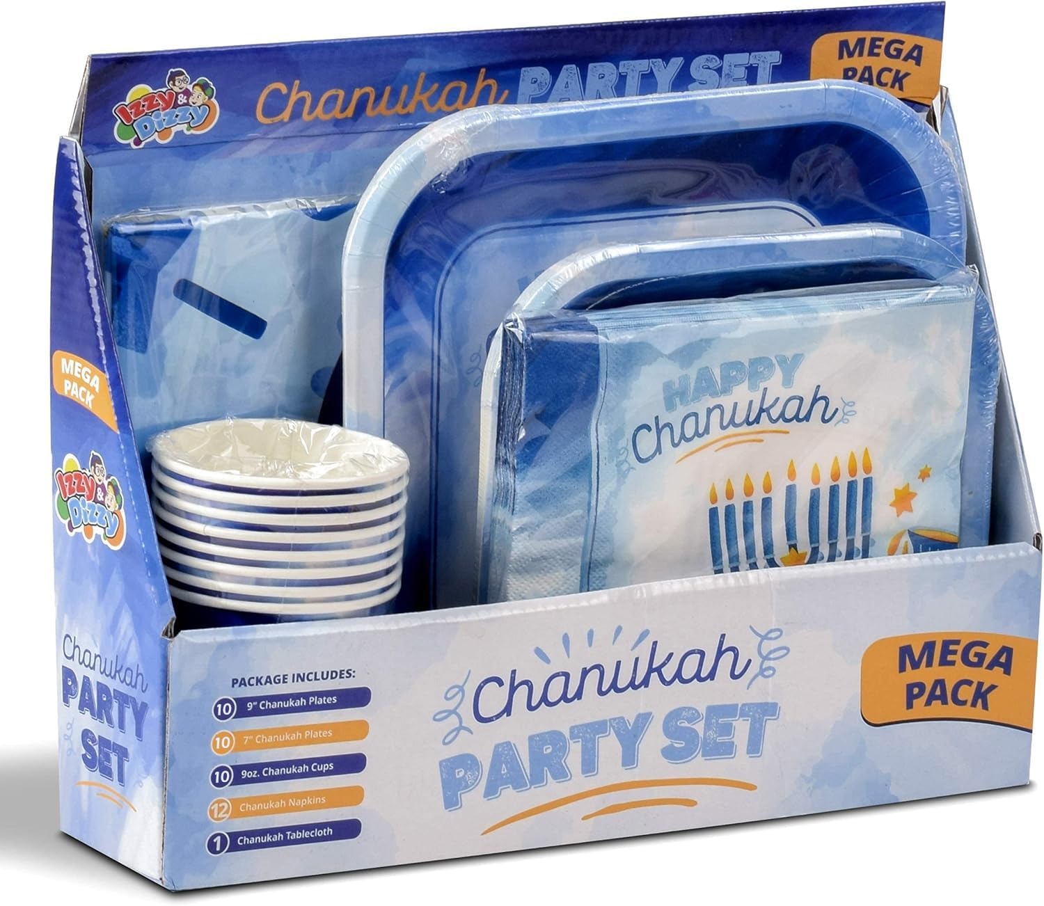 Hanukkah Plates And Napkins Set - Hanukkah Party Set - 7" And 9" Plates, Cups, Napkins and Tablecloth - Serves 20