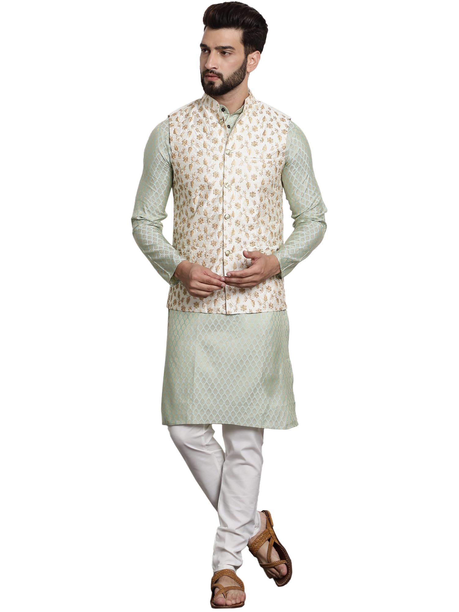 Sojanya (Since 1958 Timeless Elegance-Pista Green Kurta & Cream Nehru Jacket For The Festive Season