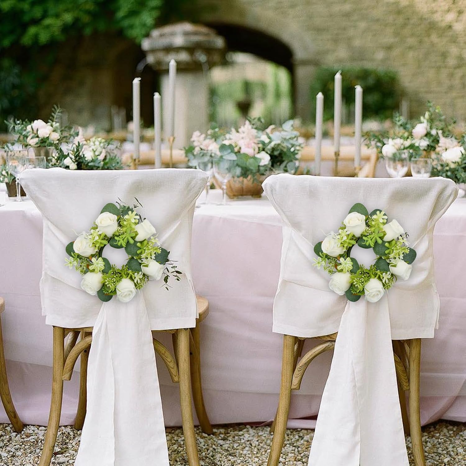 Small Candle Rings Wreaths 4Pcs White Rose Artificial Flowers Mini Christmas Wreath for Wedding Kitchen Table Home Decor (White)