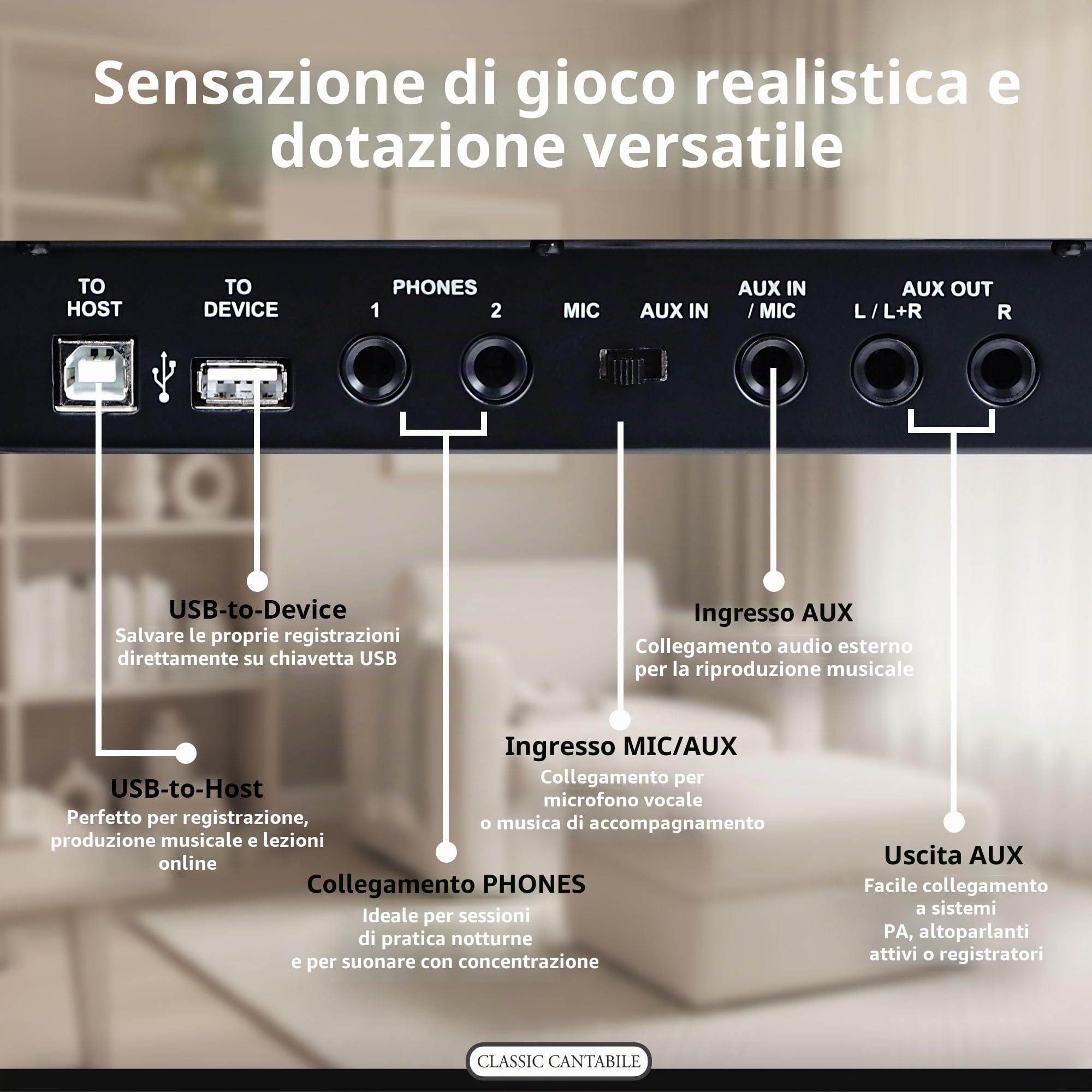 Classic Cantabile UP-1 WM Pianoforte Verticale Digitale - 88 Tastiera pesata - Pianola musicale con USB, MIDI, 256 polifonia, 40 voci - Piano digitale con funzione registrazione Mp3 - Bianco Opaco | 88 tasti pesati con tastiera Graded Hammer, tastiera con