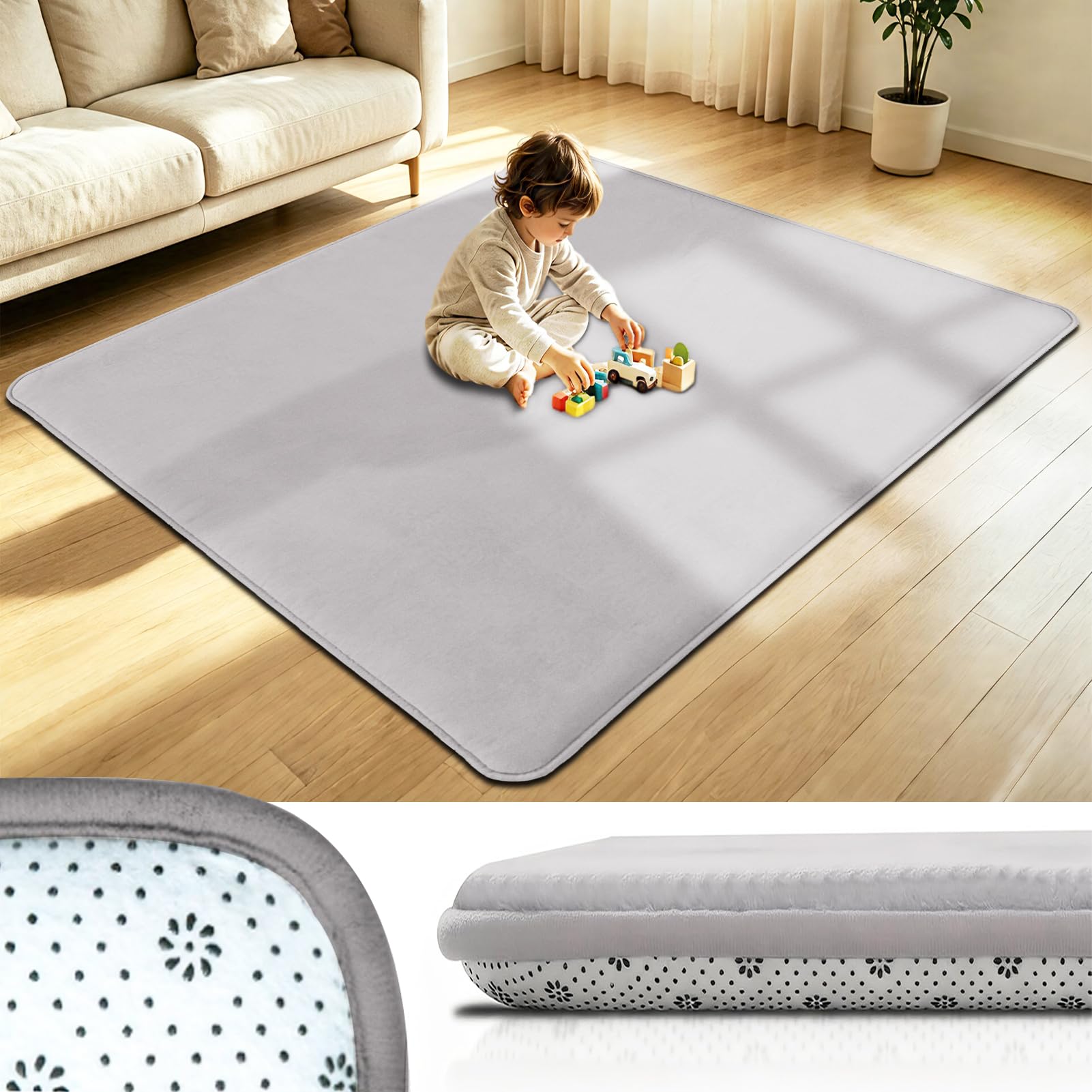 Taxestmy Large Nursery Carpets Memory Foam Play Mat for Baby 100 x 120 cm Non-Slip 3CM Thick Children's Play Mat for Crawling Soft Play Tummy Time, Area Rug Playmat for Tatami Living Room Silver Grey
