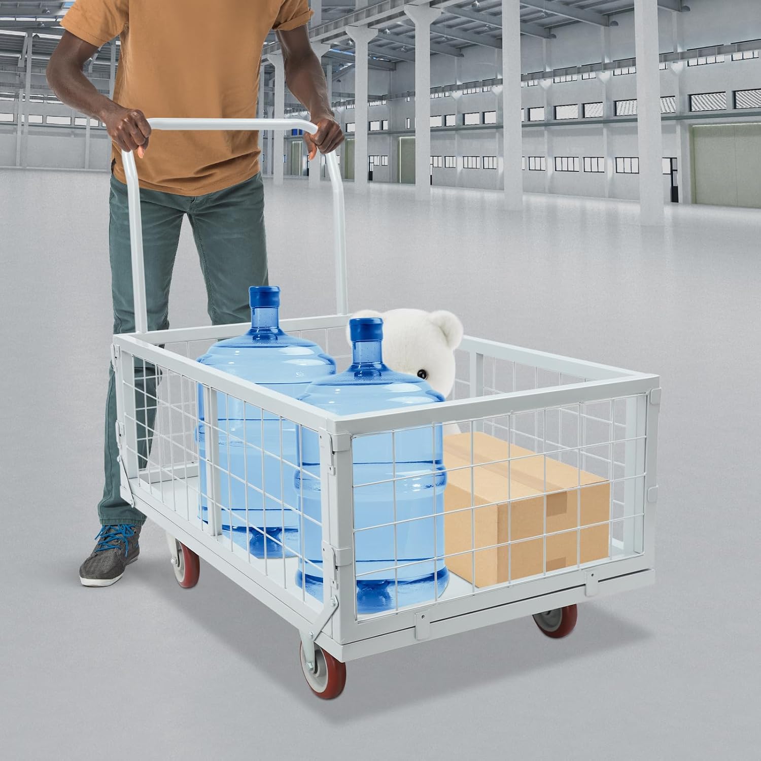 Platform Truck Cart with Cage, 4-in-1 Multi-Functional Platform Roller Trolley Cart with 4 Wheels, 2200 Lbs Capacity Heavy Duty Warehouses Hand Truck, Rolling Storage Trolley for Factory, Garage