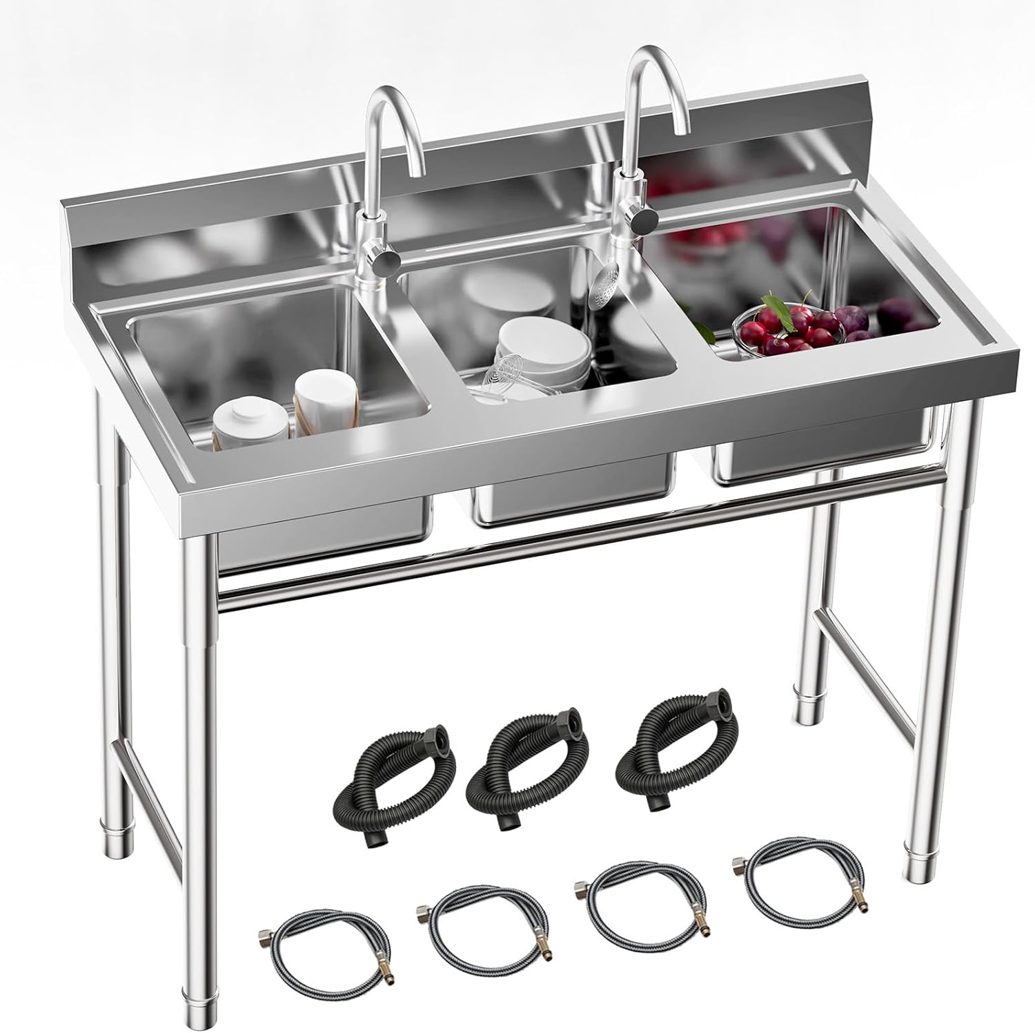 3 Compartment Stainless Steel Sink, Free Standing Commercial Utility Sinks with 2 Hot & Cold Faucet, 39 x 18 x 35.8inch Large Space Prep Sink for Outdoor Indoor Using, Garage, Restaurant