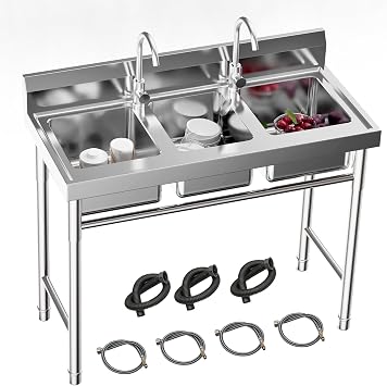3 Compartment Stainless Steel Sink, Free Standing Commercial Utility Sinks with 2 Hot & Cold Faucet, 39 x 18 x 35.8inch Large Space Prep Sink for Outdoor Indoor Using, Garage, Restaurant
