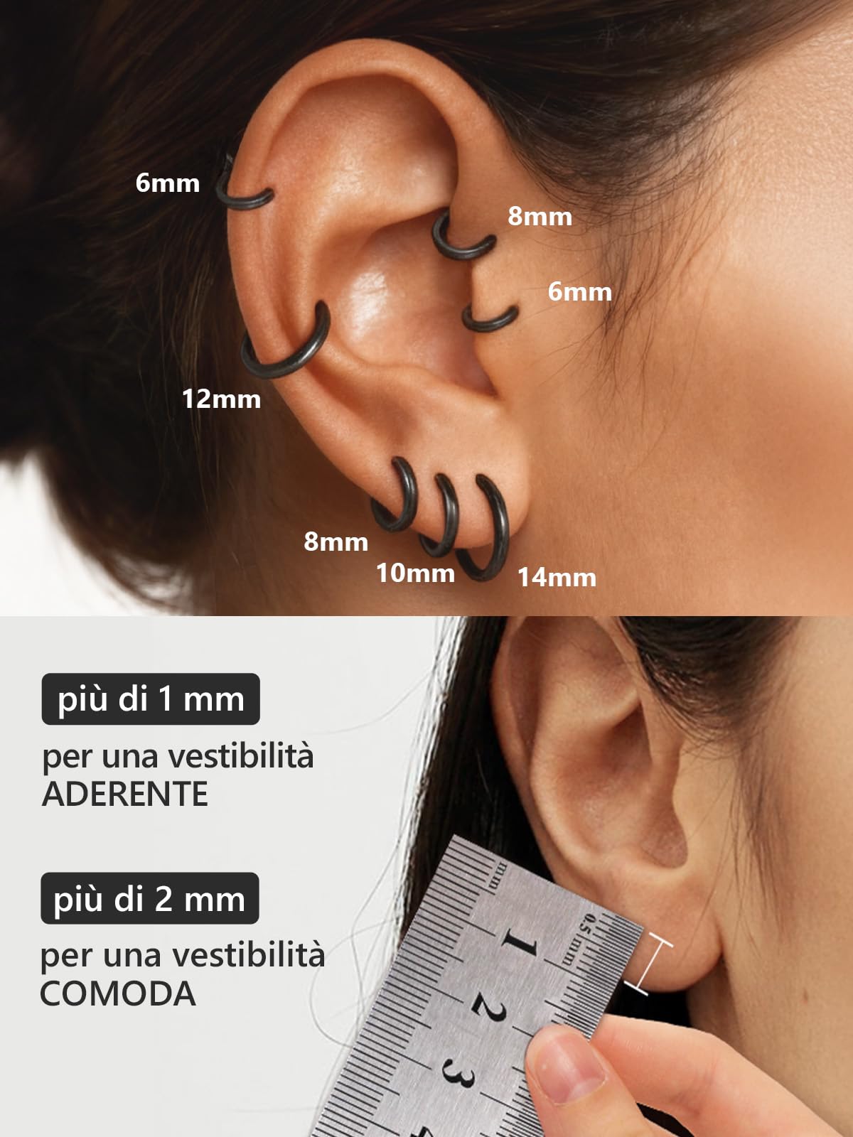 Silvora Orecchini Uomo Cerchio Argento 925, Orecchini Donna Argento Nero Oro Rosa, 6-20mm Orecchino a Cerchio Piccoli
