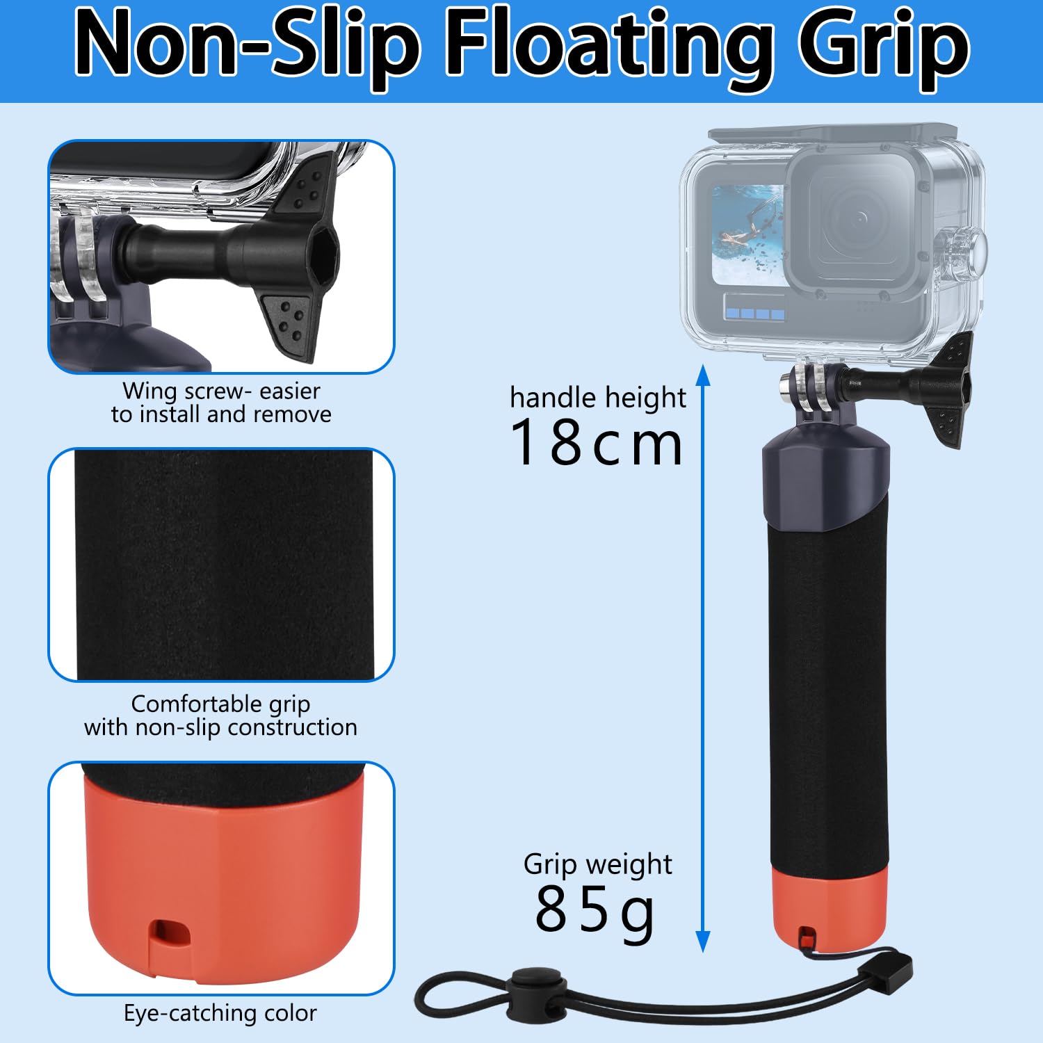 Kit Poignée Flottante + Boîtier Étanche Wiseten Pour GoPro Hero 9-13 | Étanche 60m | Cordon Sécurité