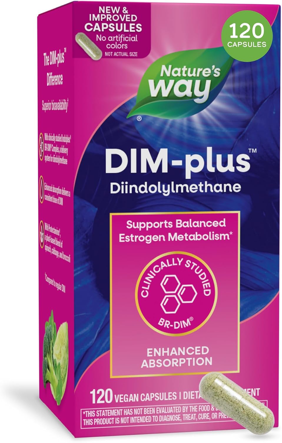 Nature's Way DIM-Plus DIM Supplement, BR-Diindolylmethane 100 mg per 2- Capsules, Supports Balanced Estrogen Metabolism, Prostate Function, and Premenstrual Breast Comfort*, 120 Vegan Capsules - Amazon product rated Grade B