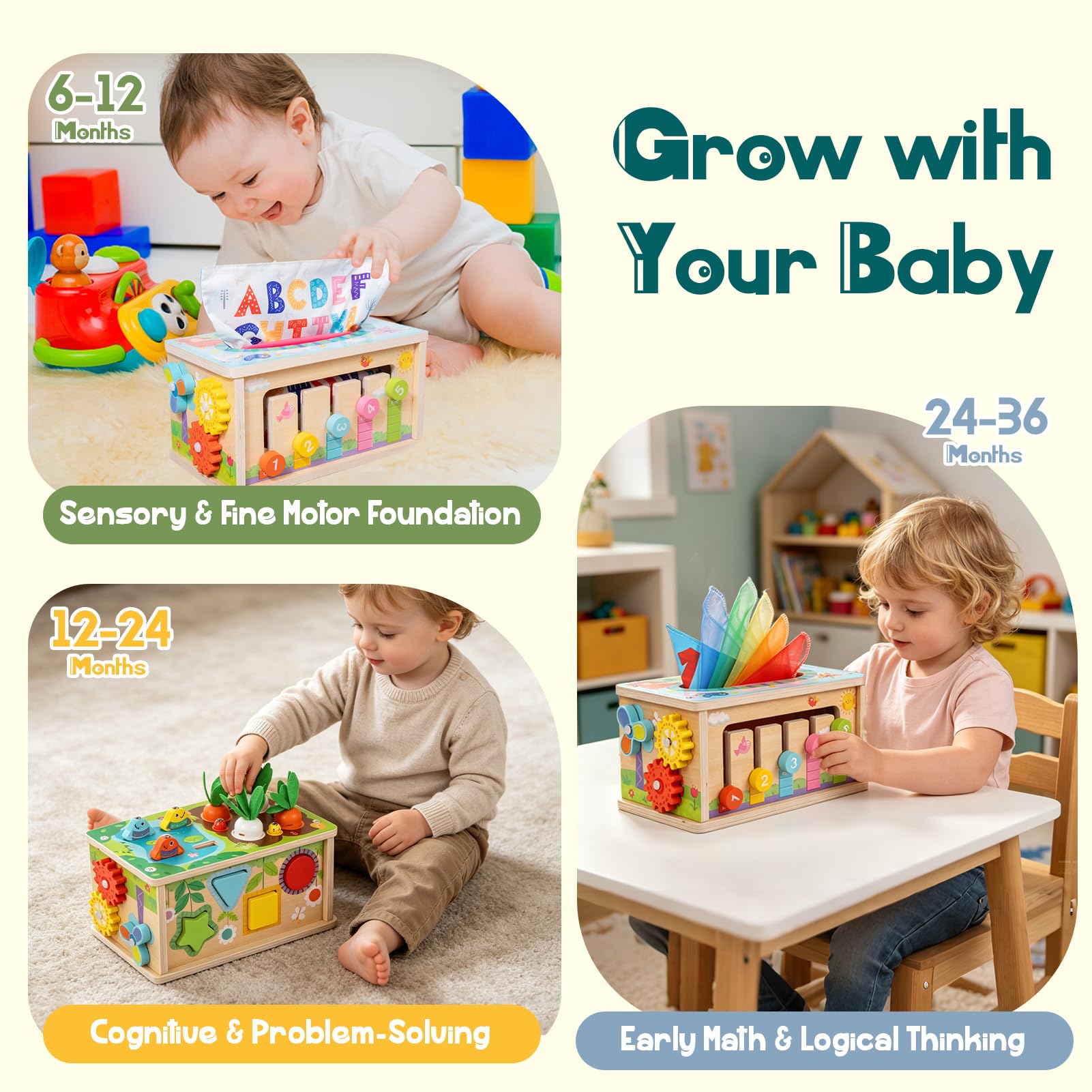 LZDMY Giochi Montessori Bambino 6-18 Mesi, 6 in 1 Scatola Fazzoletti Montessori Bambini 1 2 Anno Bambina,Cubo Multiattivita Legno, Giocattoli Educativi Sensoriali, Giochi Pesca, Giochi Neonato Regalo