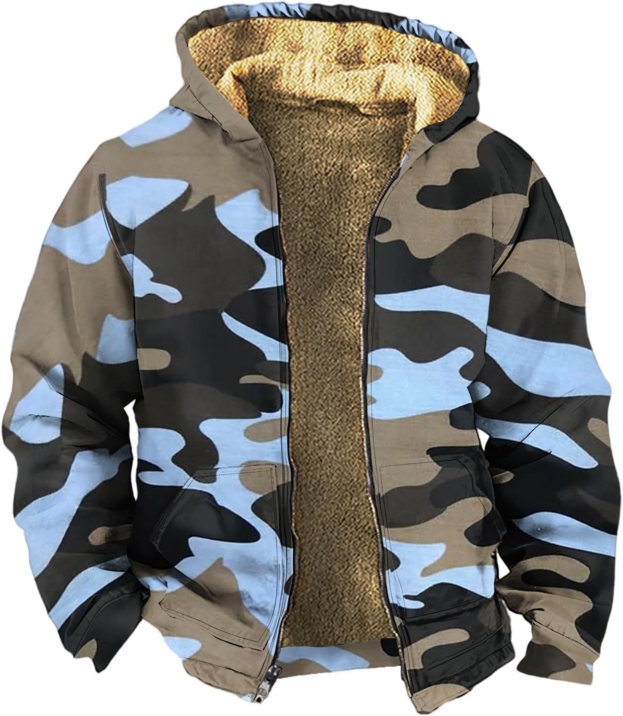 Camo Hoodie Mens Full Zip Sherpa Sweatshirts Fleece Hoodies Heavyweight Jackets Plus Size Warm Thick Coat With Pocket