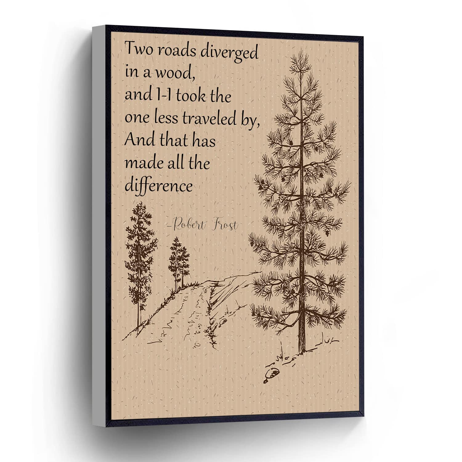 The Road Not Taken Canvas Print Robert Frost Poem Wall Art Poster The Road Less Traveled Retro Page For Home Office School Wall Decor Framed Artwork(Wood Framed 16" X 20")