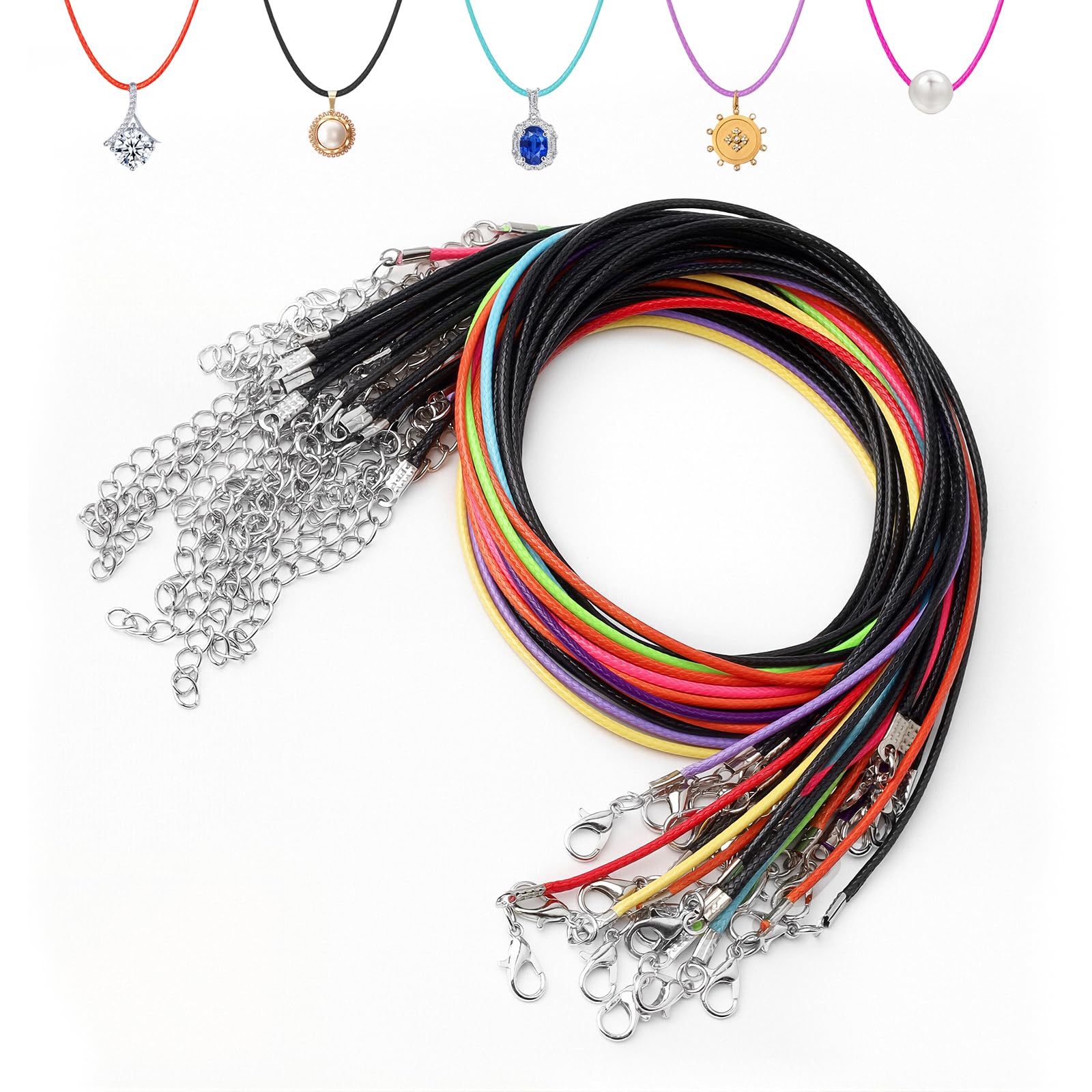 20Pcs Leather Necklace Cord with Clasps, Black & Multicolor Rope Necklace String, Necklace Cords for Pendants, 19.7" Necklace Chains for Jewelry Making Supplies, 1.5mm Waxed Necklace Bracelet Cord