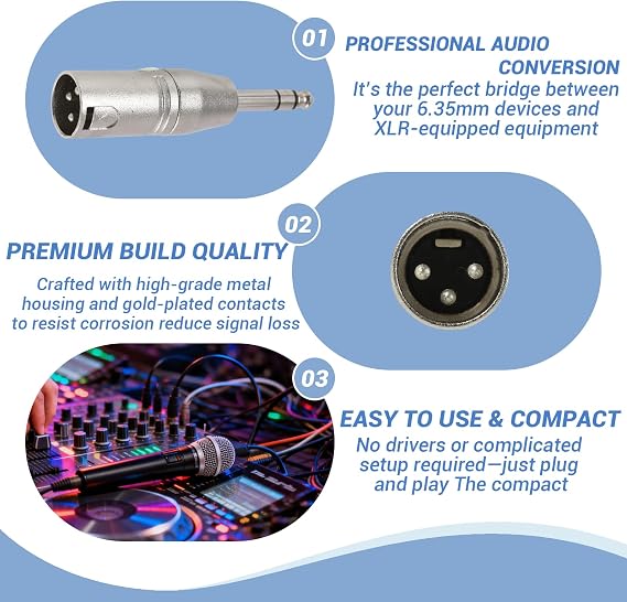 4-Pack Jack to XLR Adapter, Nickel Plated 6.35mm male Mono to XLR Male, Robust Construction for Professional Audio, Compatible with Mixers and Amplifiers, Balanced TRS to XLR for Live Performances