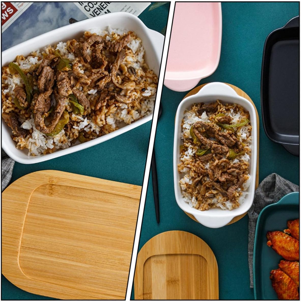 White Ceramic Double Handle Baking Tray with Wooden Lid, Microwave Safe Vegetable Storage and Baking Pan, Simple Elegant Design for Kitchen and Home Use