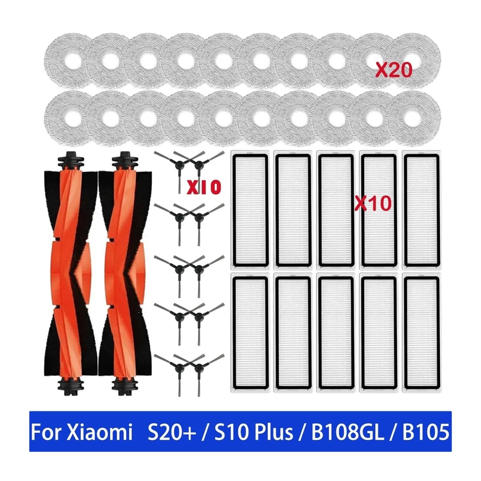 Główna szczotka boczna odkurzacza, pasująca do Xiaomi, Robot S20 + S10 Plus B108GL B105 B108CN B113CN Części Akcesoria Mop z filtrem szczotki próżniowe i filtr(4PCS Filter)