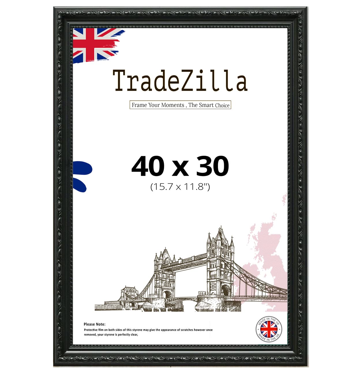 TradeZilla Antique Style Frame 40X30 cm Size - Ornate Shabby Chic Black Picture/Photo/Poster Vintage Frame with MDF Backing Board Perspex- For Gift Wall Gallery Home Décor -40X30 CM (15.7X11.8)