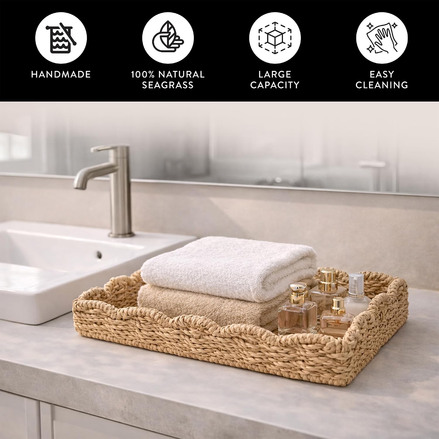 Rectangular Wicker Tray for Decor 15x10 in, Handwoven Seagrass Rattan Tray with Scalloped Edge for Kitchen Bathroom Living Room, Large Rattan Basket Storage Home Décor