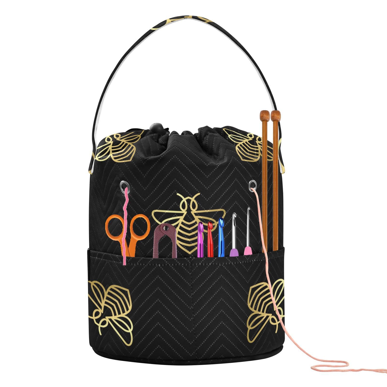 Fustylead Cute Bees And Colorful Flowers Large Yarn Storage Tote Basket, Knitting Crochet Drawstring Organizer Bag For Crocheting Project, Yarn Balls, Needles Accessories