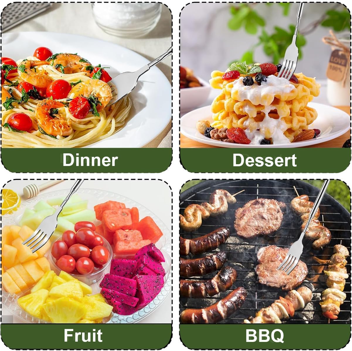 Extendable Fork, BBQ Telescopic Extendable Stainless Steel Dinner Fork, 8.7~25.4in Extra Long Fork for Barbecue Toasting Dinner Fruit Dessert Sausage Vegetable