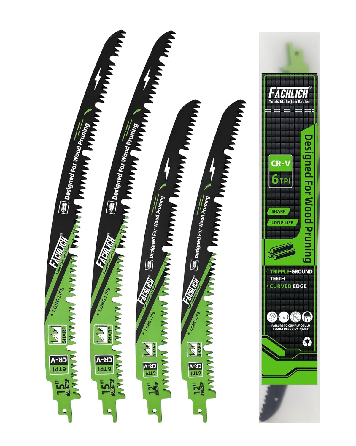 Pruning Blades Reciprocating Saw Blade 12"*2+15"*2 - Curved Edge Wood Pruning Saw Blades 6TPI for Tree Trimming,Wood Cutting,Reciprocating Saw Blades Set(4 Pack)
