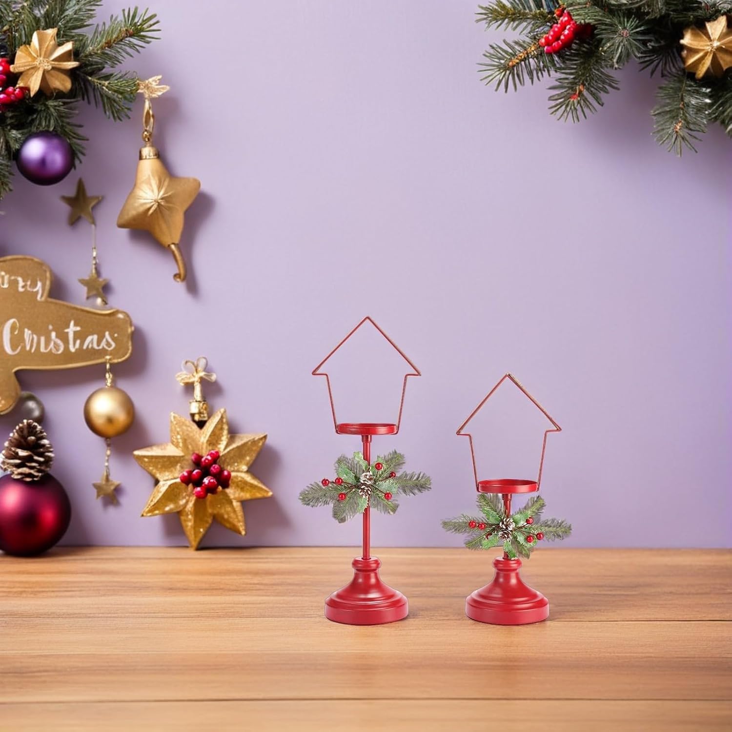Candle Holder Secure Placement and 2pcs Red Christmas Iron with Pine Cone Design Versatile Styling for Farmhouse Vintage Holiday Table Mantel Decor and Anniversary Celebration