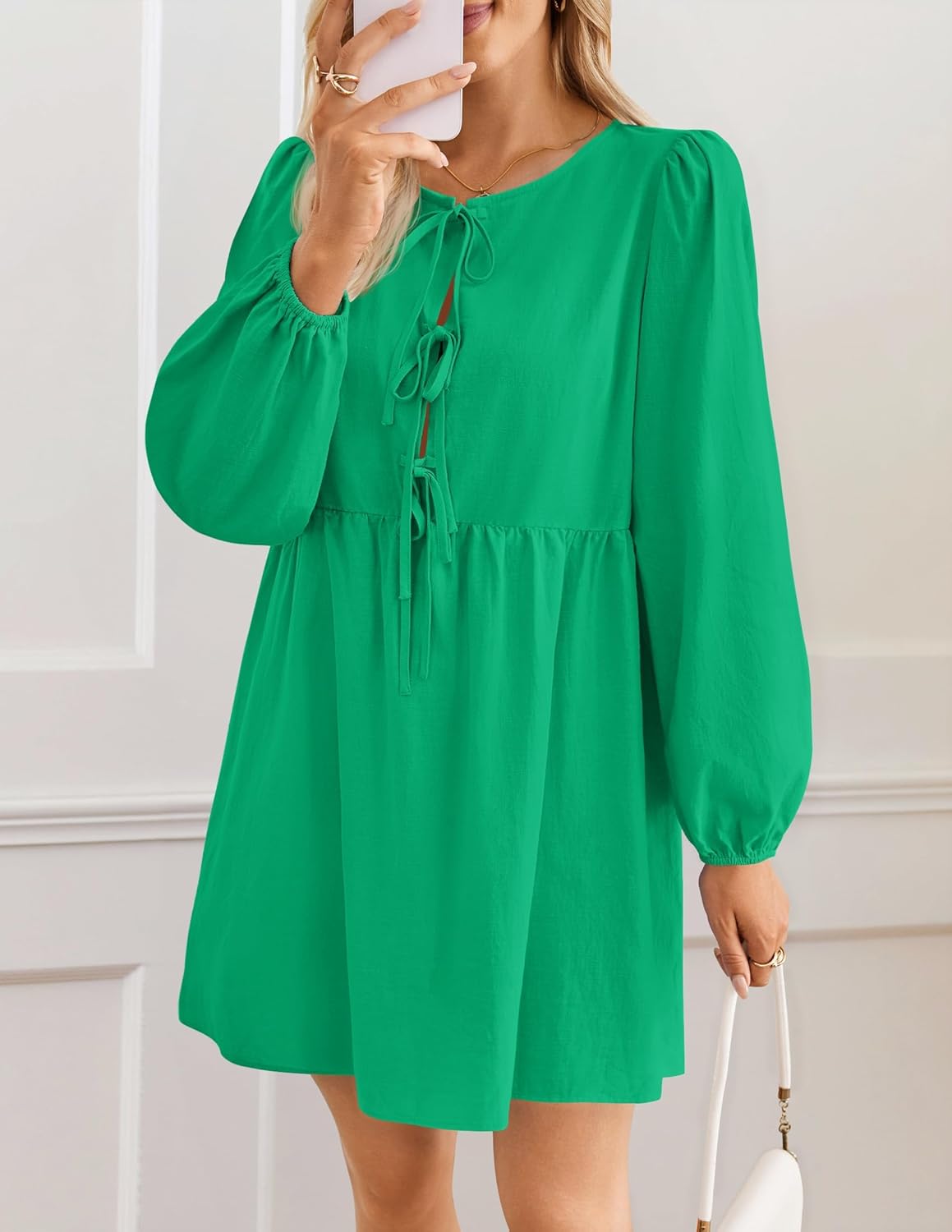 ZESICA Women's Dress Fall Long Puff Sleeve Self Tie Front Babydoll A Line Pleated Cute Mini Tunic Dresses 2026 - Image 3