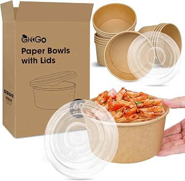 Ginkgo 30 oz Disposable Meal Prep Containers with Lids, Large Paper Bowls Bulk for Hot Soup, Food, Salad, Ice Cream, Dessert, Cereals, 60 Count