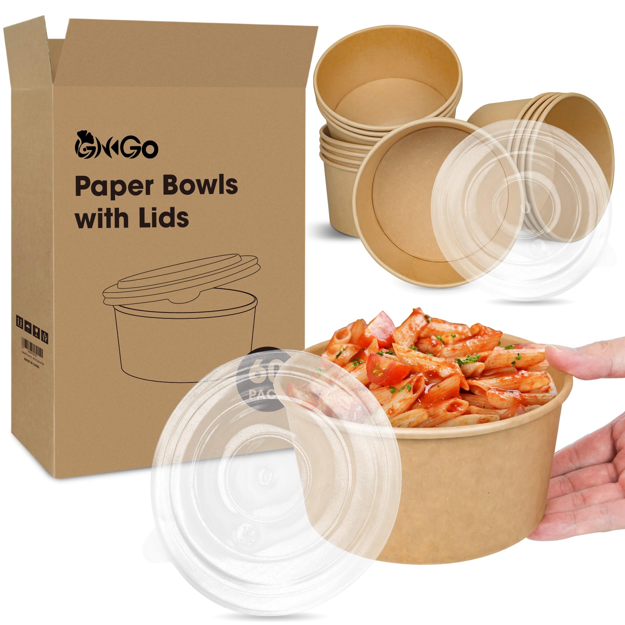 Ginkgo 60 cuencos de papel desechables de 30 onzas con tapas, a prueba de fugas, grandes cuencos de sopa caliente a granel