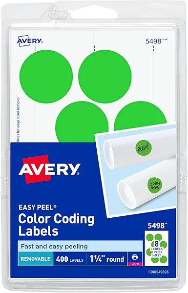 Avery 5498 Removable Print or Write Color Coding Labels for Laser Printers, 1-1/4" Round - Neon Green (Pack of 400)