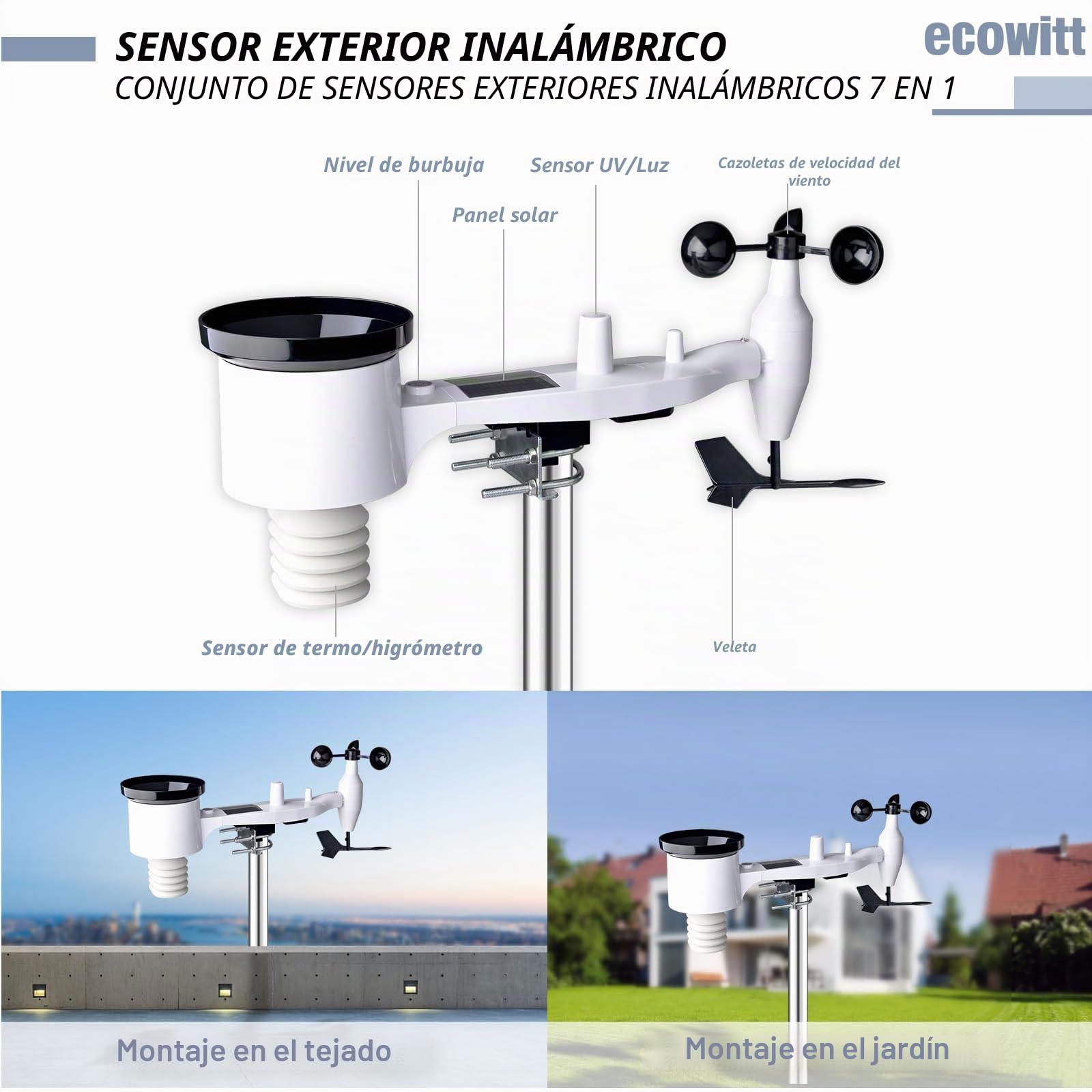 Ecowitt Estación meteorológica inalámbrica Wi-Fi - Pronóstico meteorológico digital con pantalla TFT de 7 pulgadas, indicador de lluvia, anemómetro, pasarela para ecosistema Ecowitt, HP2551