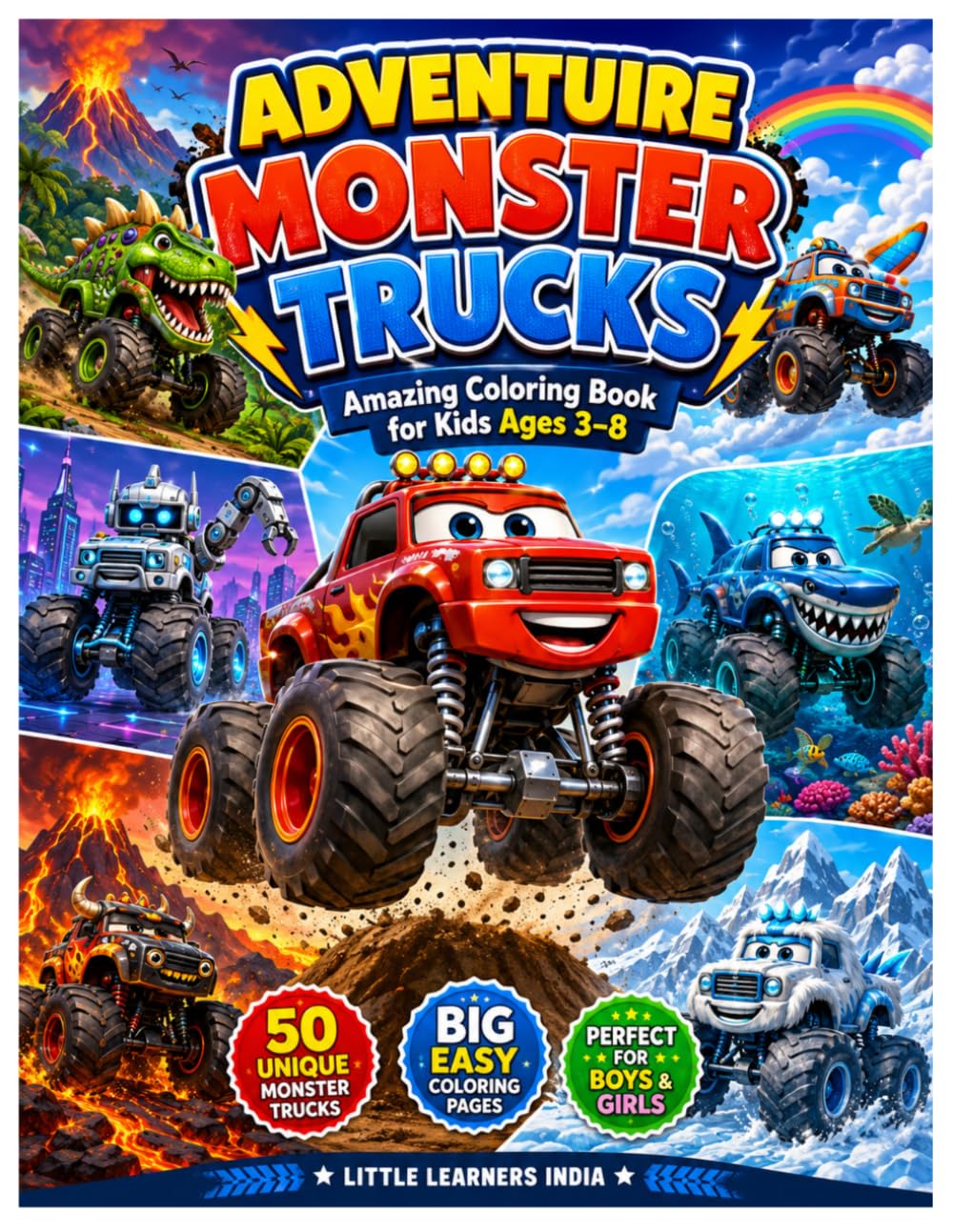 Adventure Monster Trucks Coloring Book for Kids Ages 3–8: 50 Unique Monster Truck Adventures to Color | Dinosaur, Robot, Space, Ocean, Volcano & More | Big Easy Coloring Pages for Kids Ages 3–8