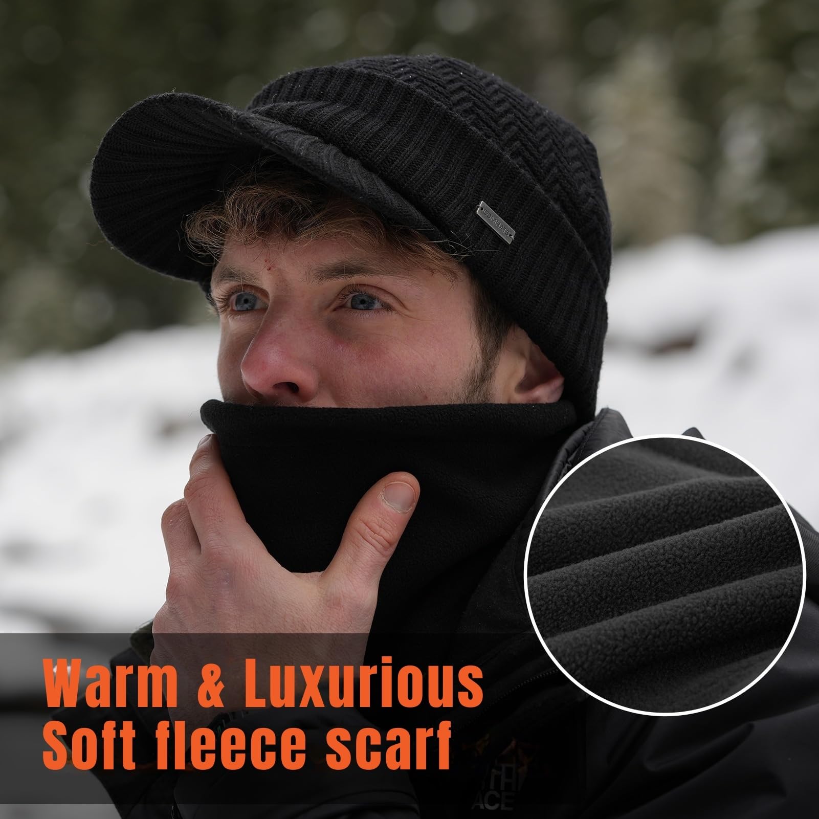 Comhats M/L/XL - Conjunto de invierno para hombre de lana merino con visera y bufanda de esquí, gorro de lana con visera y calentador de cuello de forro polar