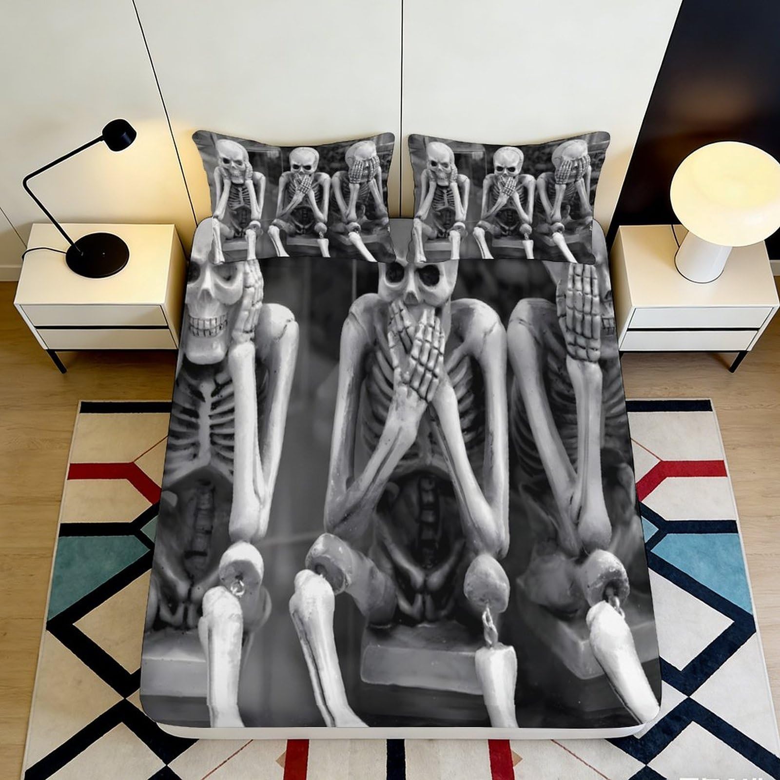 Uxinyoume Style-3 3D Printed Skeleton Art Fitted Sheet Microfiber Soft Black White Skull Mattress Cover For Bedroom Dorm Decor 90X200x25cm