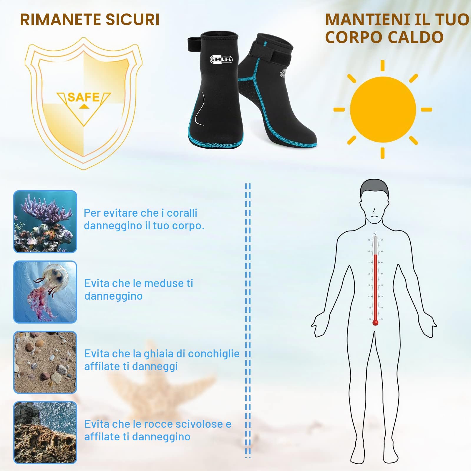 Gimilife Calzari Neoprene 3mm, Calzari Beach Volley per Uomo e Donna, Calzar i Sub, Calze per Piscina, Immersioni, Nuoto, Surf, Vela, Kayak(Stile Basso/Nero-Acqua,L)