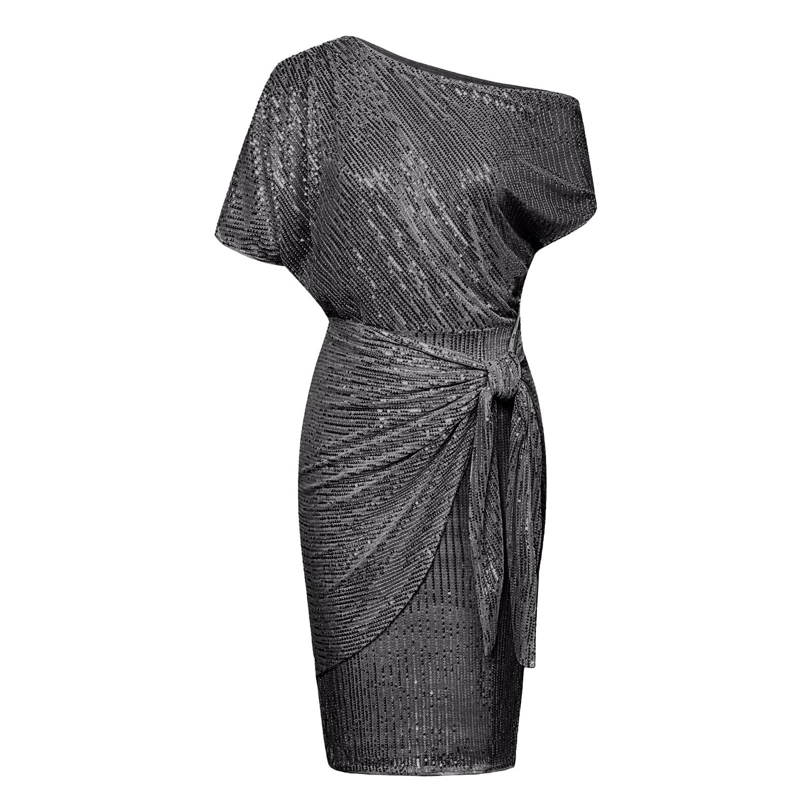 FUPODD Pailettenkleider Für Damen Elegant Slope Schulter Glitzerkleid Knielang Partykleid Silvester Kleid Glitzer Wickelkleid Festliche Kleider Pailletten Cocktailkleid Frauen Hochzeit Abendkleid