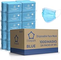 Litepak Disposable Face Masks 1000 Pack (50x20 Blue) - Breathable, Comfortable 3-Layer for Home & Office Use