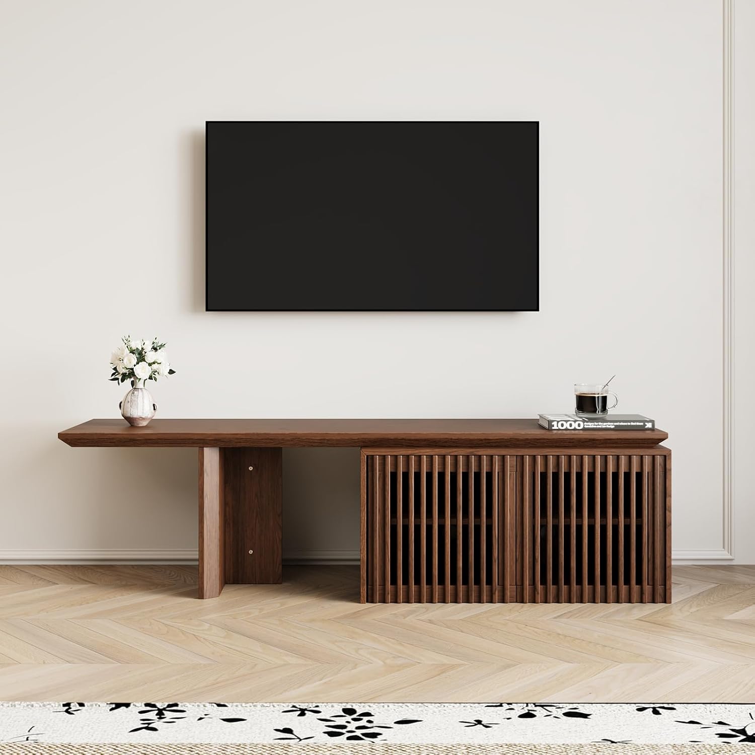 Modern TV Stand, Entertainment Center with Storage, Extendable TV Media Console for Up to 55+ Inch, Minimalist Television Cabinet for Living Room/Bedroom - Walnut (63"-86.6" Extendable)