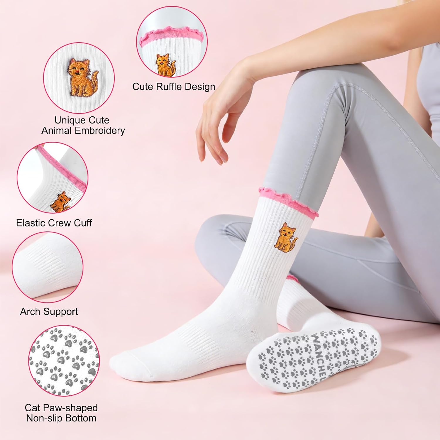 2 Paris Cute Pilates Grip Socks for Women - Non-Slip Socks for Yoga, Brarre, Workouts, Hospital, Barefoot