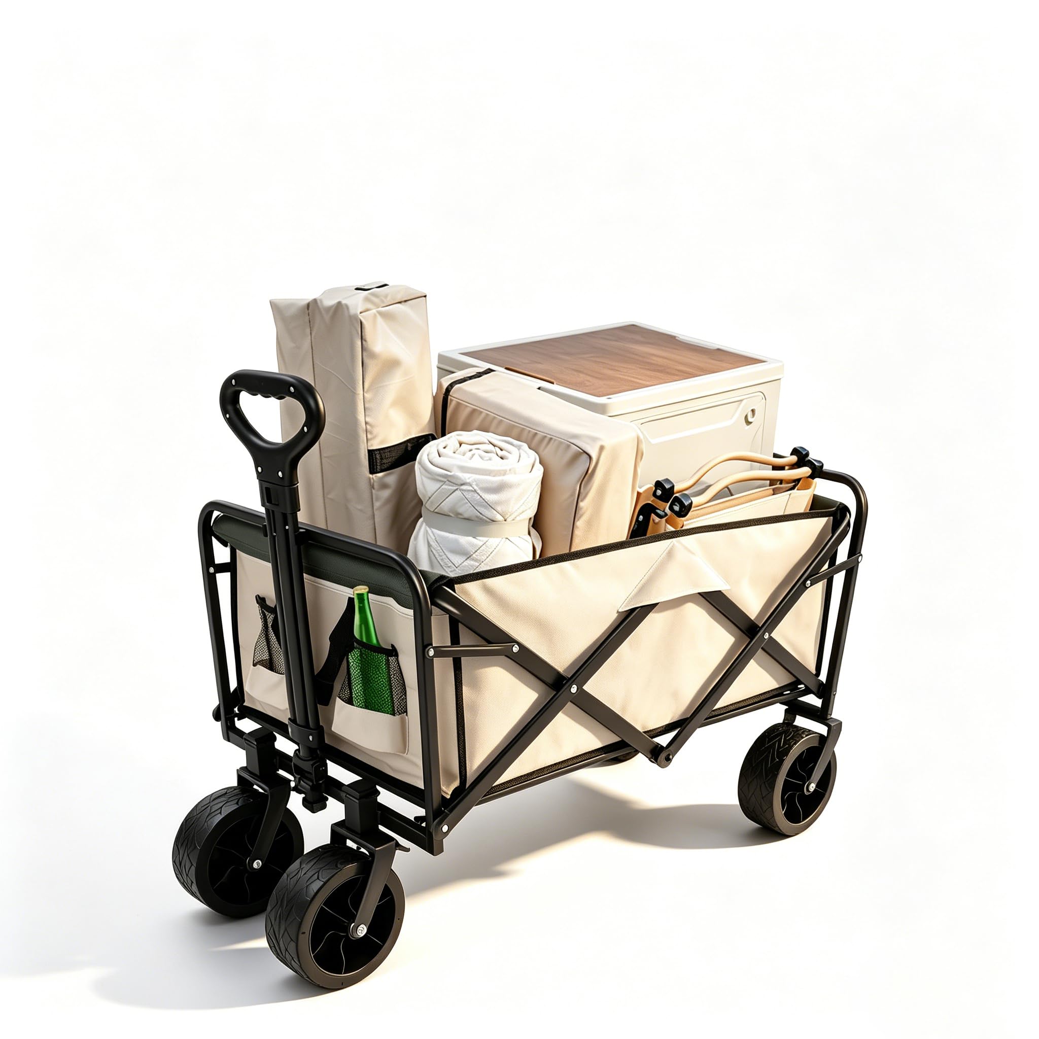 Carrello pieghevole con ruote, carrello manuale pieghevole con manico regolabile – Portata 115 kg, ruote da 8 pollici per campeggio, giardino, spiaggia e shopping (kaki)