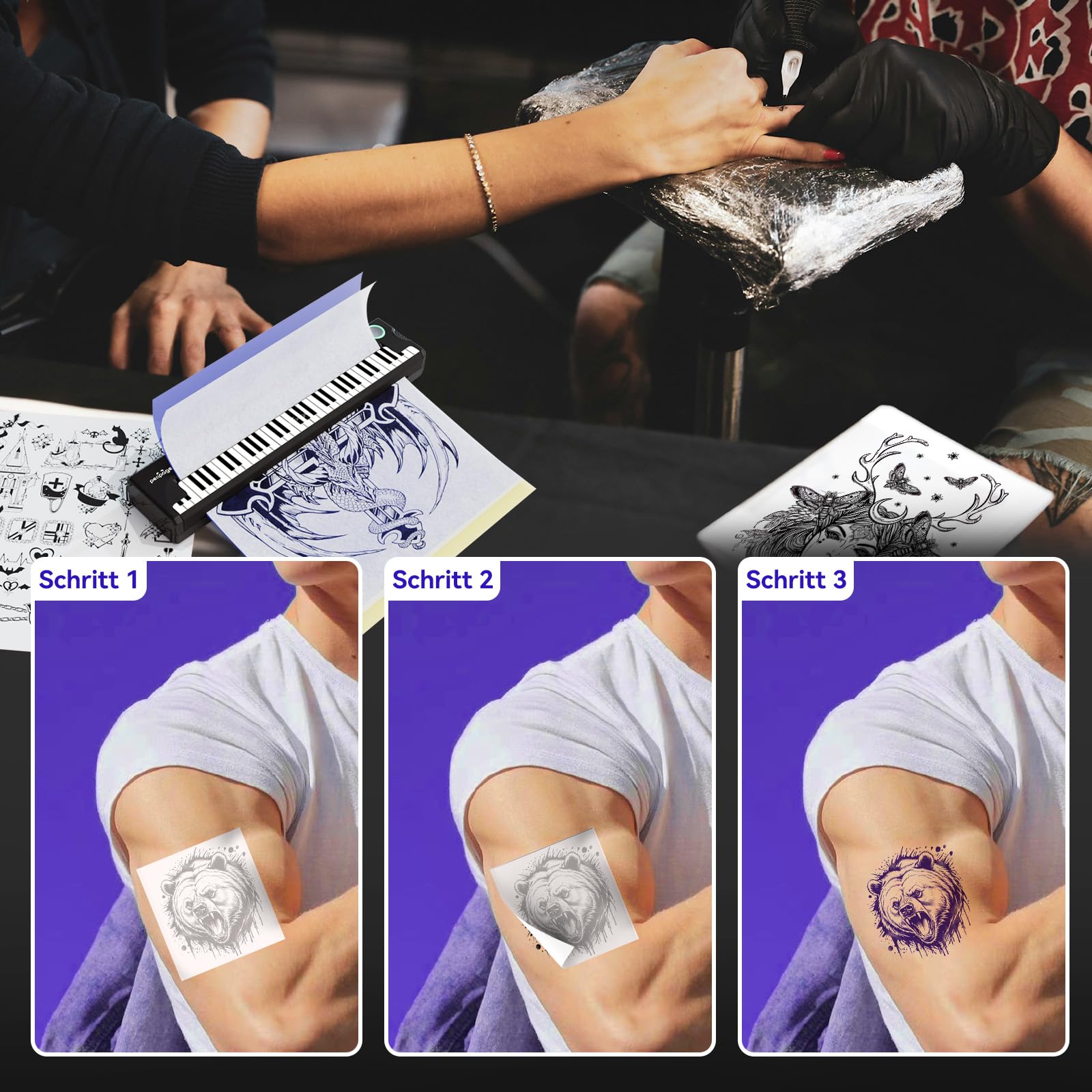 PeriPage P90 Wireless Tattoo Stencildrucker, Thermal Tattoomaschine mit Tattoo Vorlagenpapier, tragbarer Tattoodrucker Kit kompatibel mit Telefon, Tablet & PC（Midnight Schwarz）